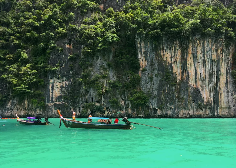 Longtail boat inside Pileh Lagoon in the Phi Phi Islands