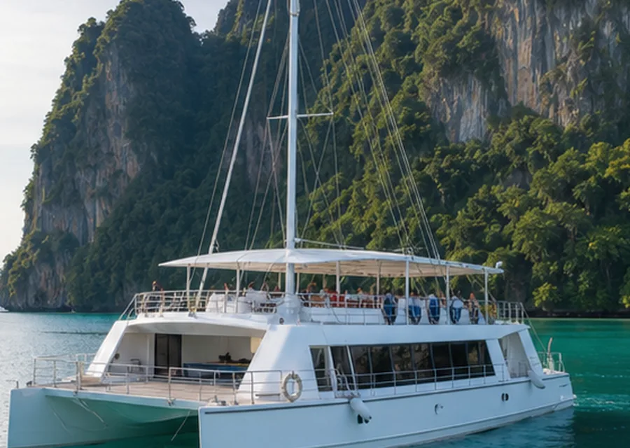 Catamaran tour boat on calm tropical water