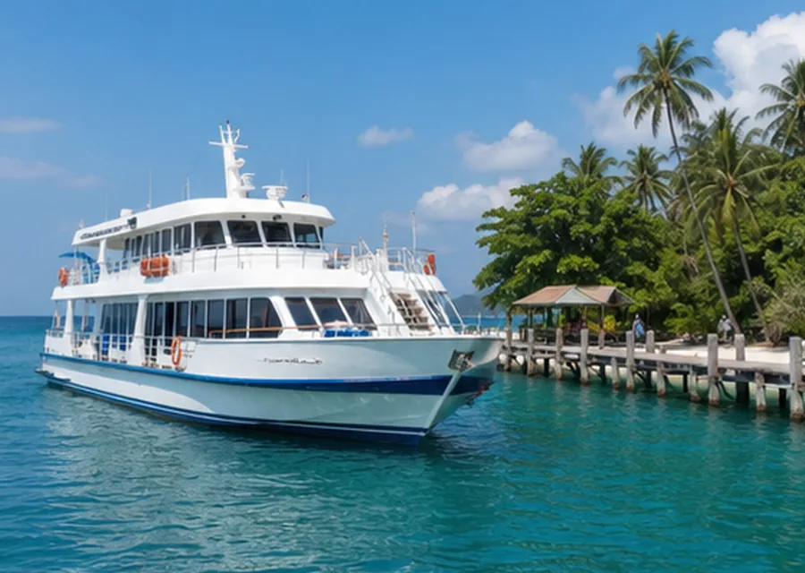 Large ferry or cruise boat near a tropical island pier