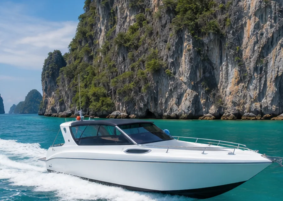 Speedboat traveling near limestone cliffs