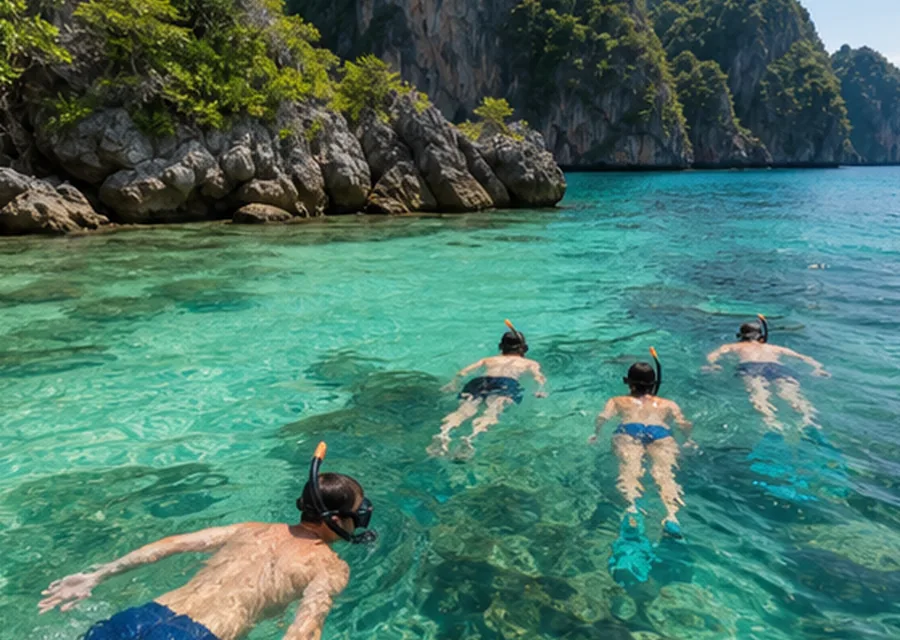 Snorkelers in clear shallow tropical water
